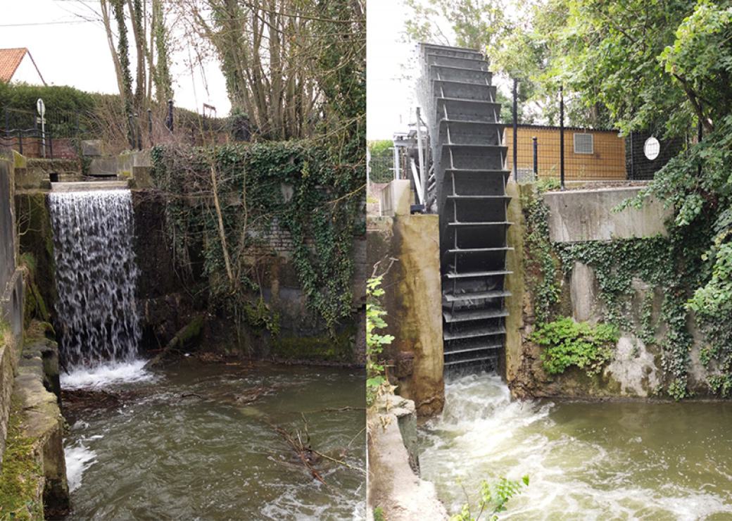 Deux photos d'un même site, avant et après l'installation d'une roue à aubes. A gauche, une chute d'eau, à droite, la même chute, équipée d'une immense roue à aubes