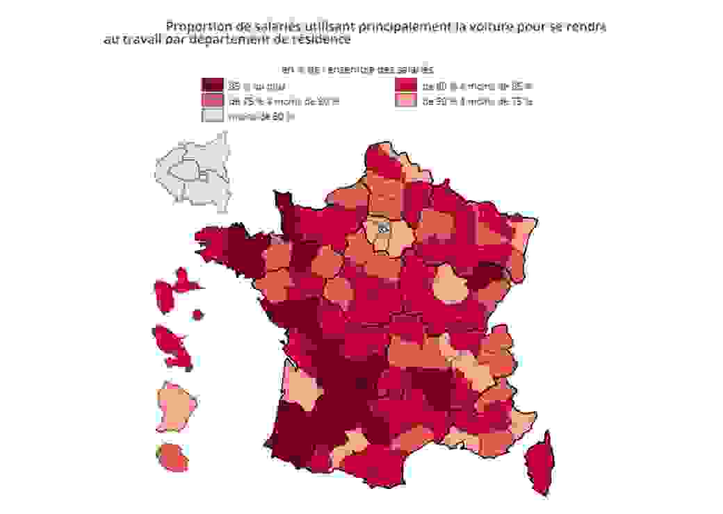  Proportion de salariés utilisant principalement la voiture pour se rendre au travail par département de résidence