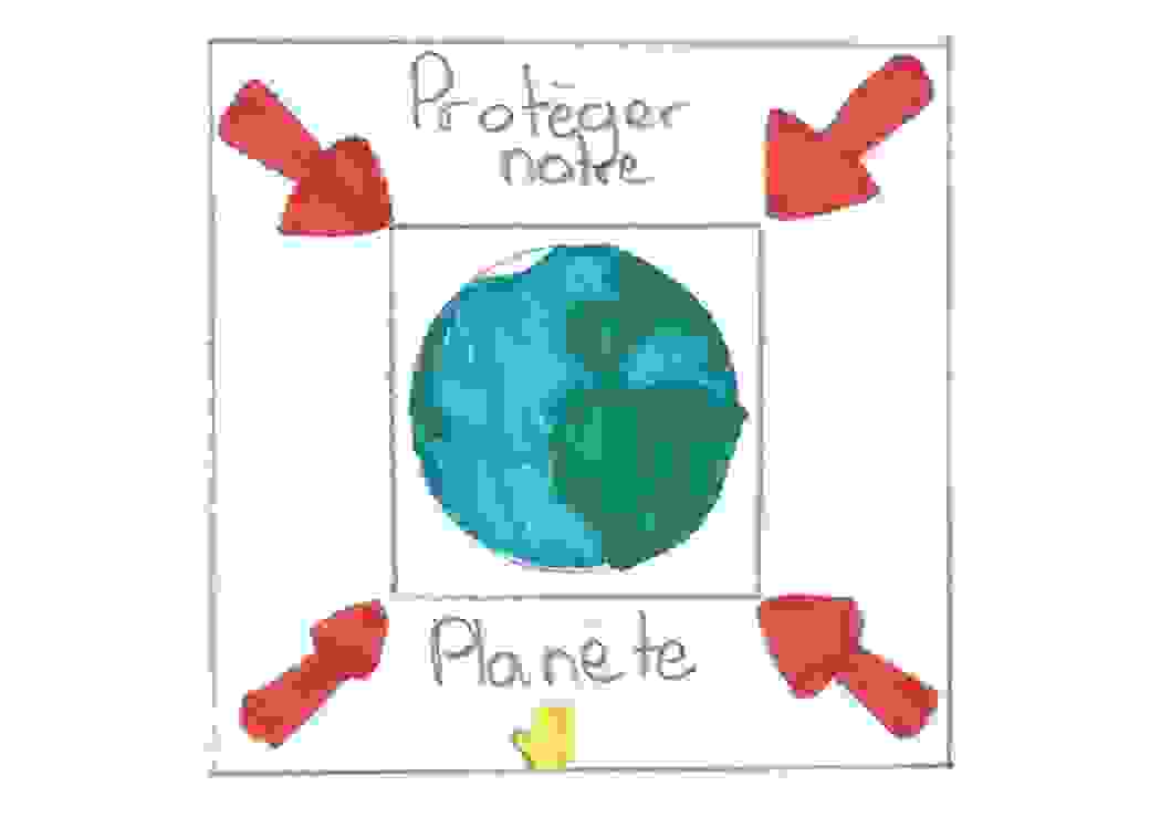 Dessin d'enfant sur lequel on peut lire "protéger notre planète"