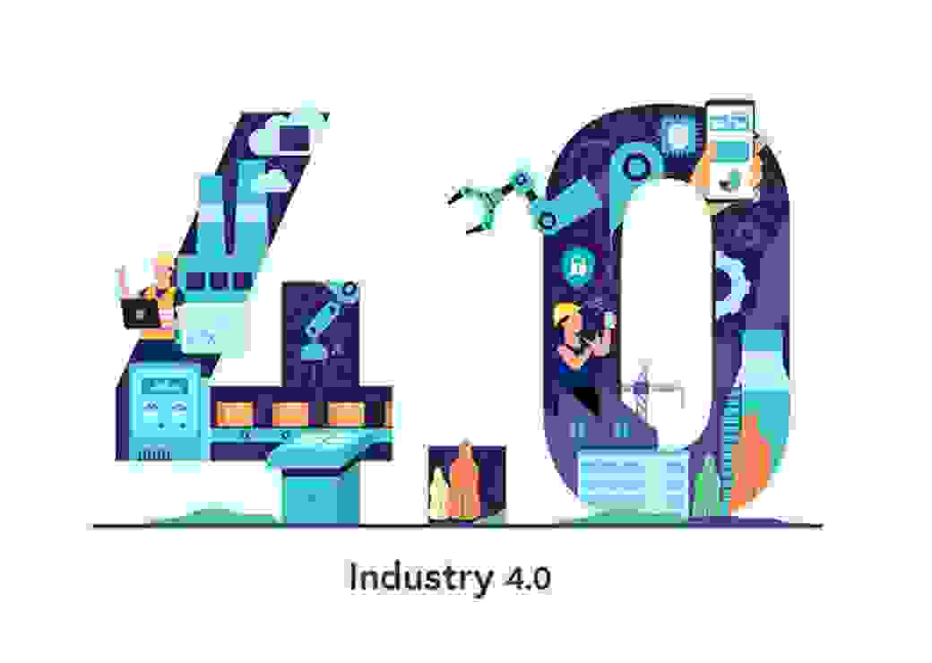 Image représentant un 4 un point et un zero, constitués d'icônes renvoyant aux activités industrielles: casque de chantier, cheminées d'usine, chaine de montage, robots