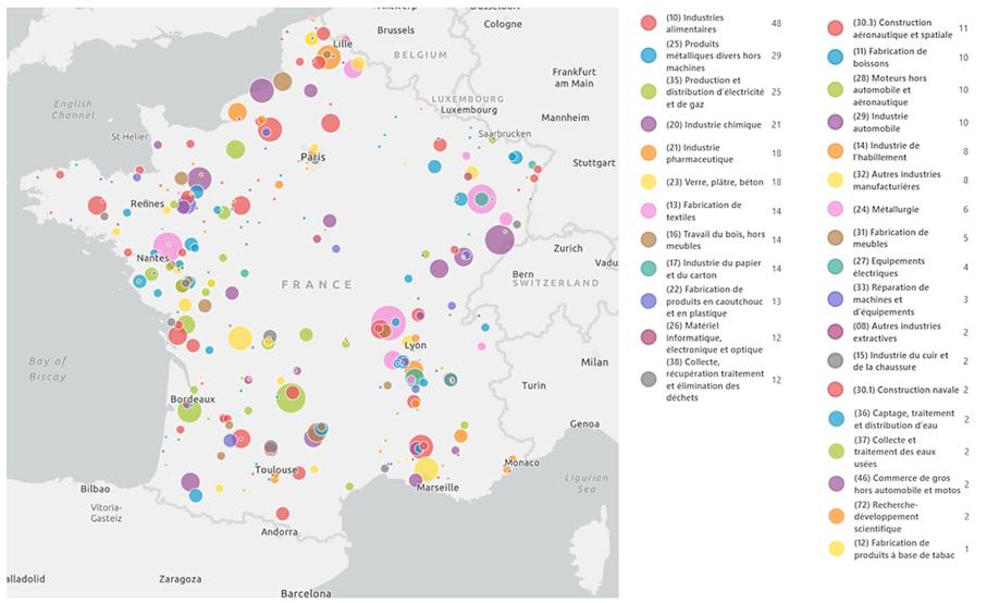 Cartographie des projets industriels ayant reçu au moins un point avec la notation « Usine du Futur » de Trendeo. Couleur par secteur d’activité et taille du cercle en fonction du score.