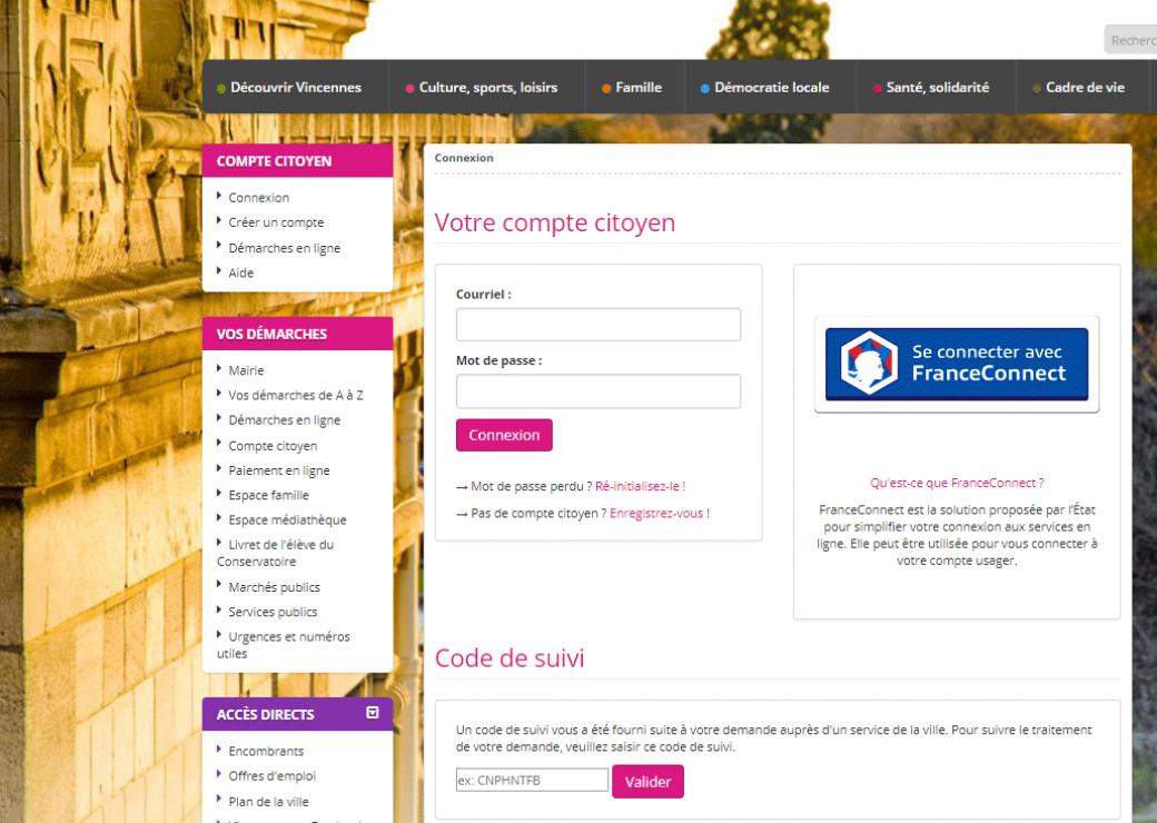 Page d'accueil du compte citoyen de la ville de Vincennes 