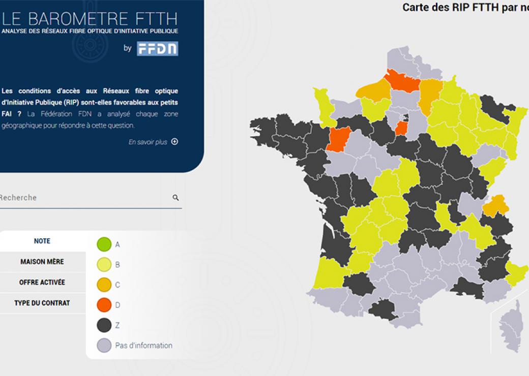 La carte des conditions d'accès aux réseaux fibre optique d'Initiative Publique (RIP) FTTH par note