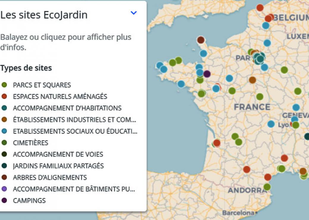 Carte de la répartition des espaces verts vers labellisés ecojardin