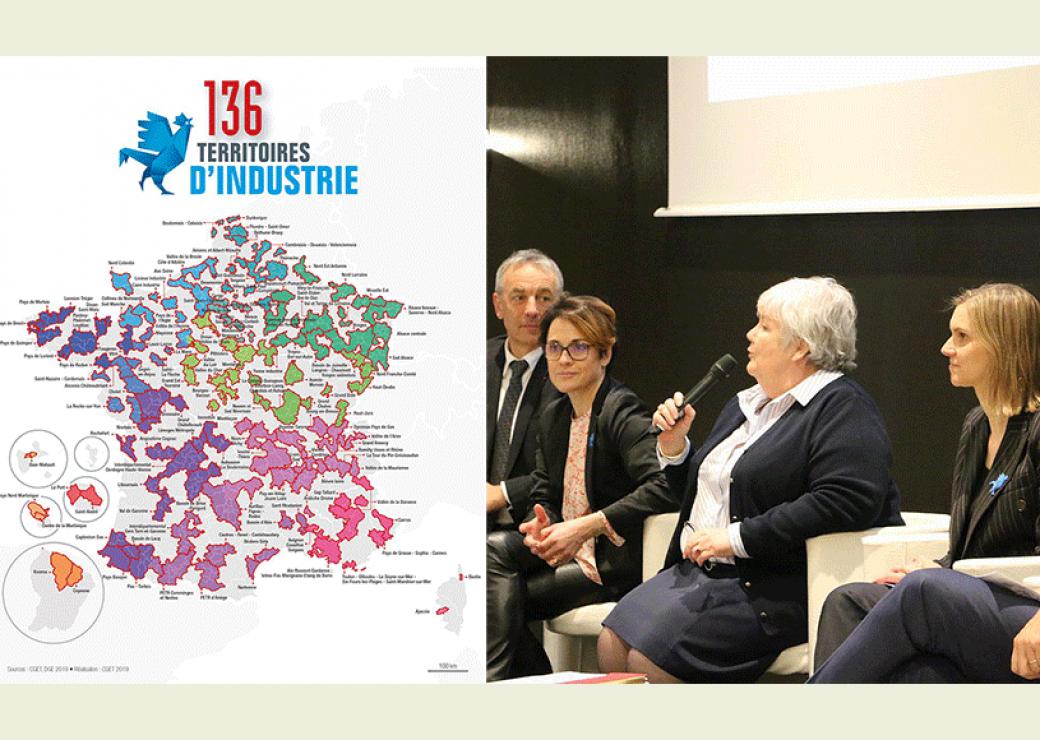 Jean-Luc Rigaut (ADCF), Jacqueline Gourault, Agnès Runacher, le 5 mars lors de la première AG de Territoires d'Industrie