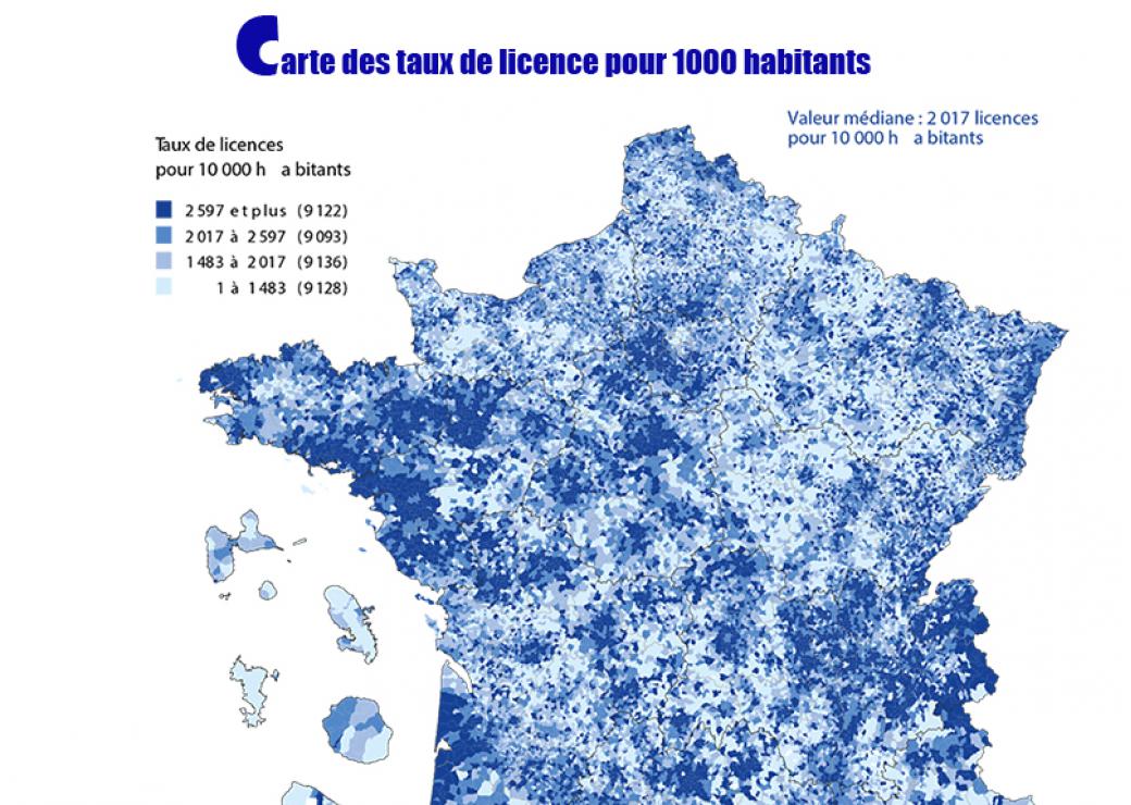 Carte de France des licences pour 1.000 habitants 