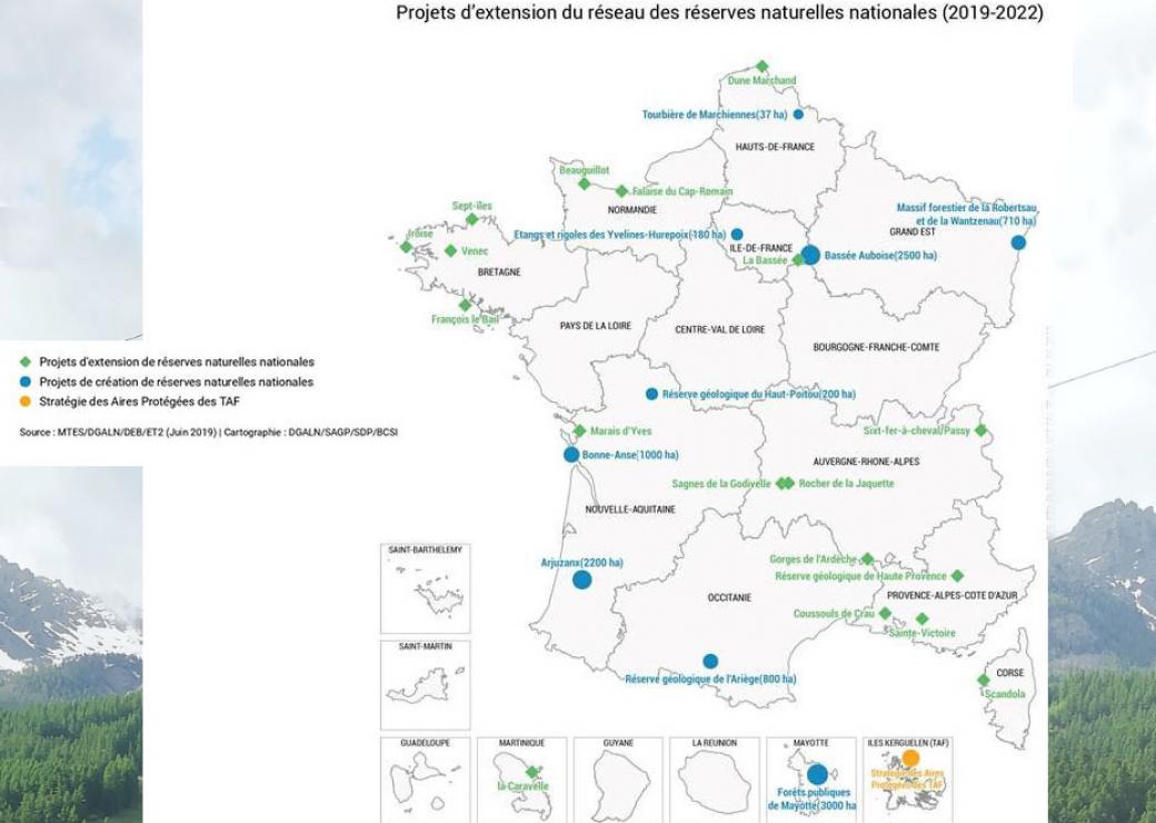 Carte du projet d'extension du réseau des réserves naturelles nationales 