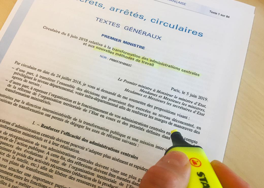 Circulaire du 5 juin 2019 relative à la transformation des administrations centrales et aux nouvelles méthodes de travail 