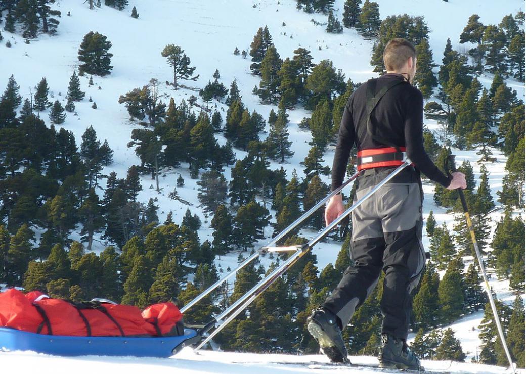 Skieur de randonnée nordique tractant une pulka en plastique dans le massif du Vercors (France) 