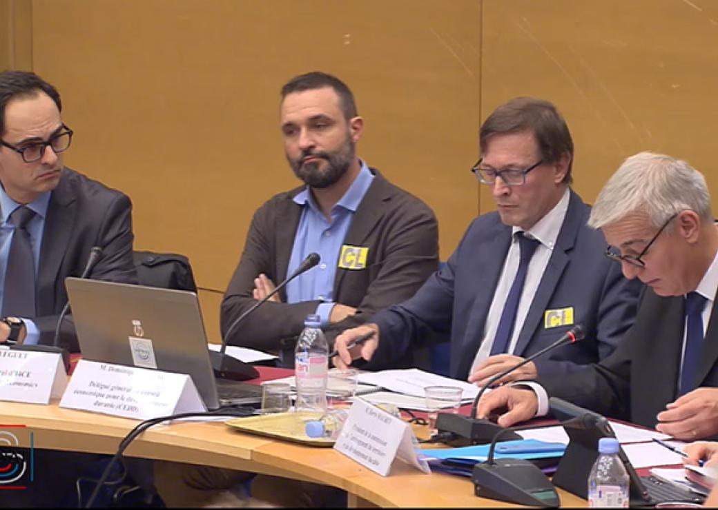 Table-ronde sur le financement de la transition énergétique au Sénat avec Olivier Garnier (Amorce), Benoît Leguet (I4CE) , Dominque Bureau (CEDD) et Hervé Maurey, président de séance (de gauche à droite)