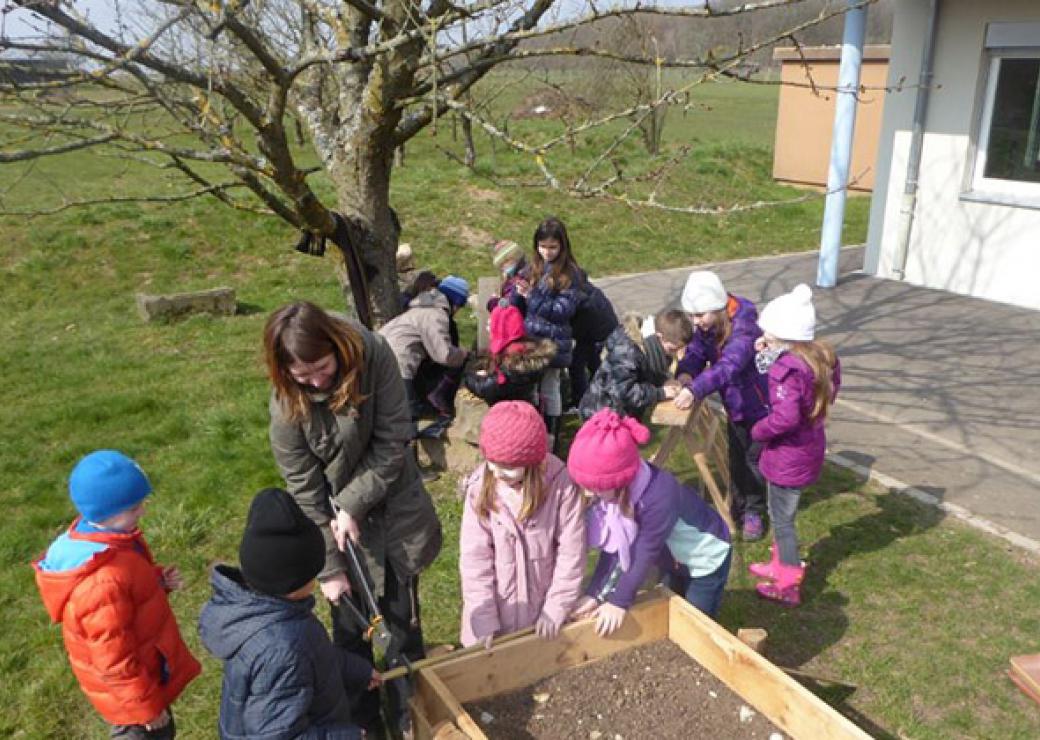 Enfants installant des bacs avant plantation dans la cour d'école