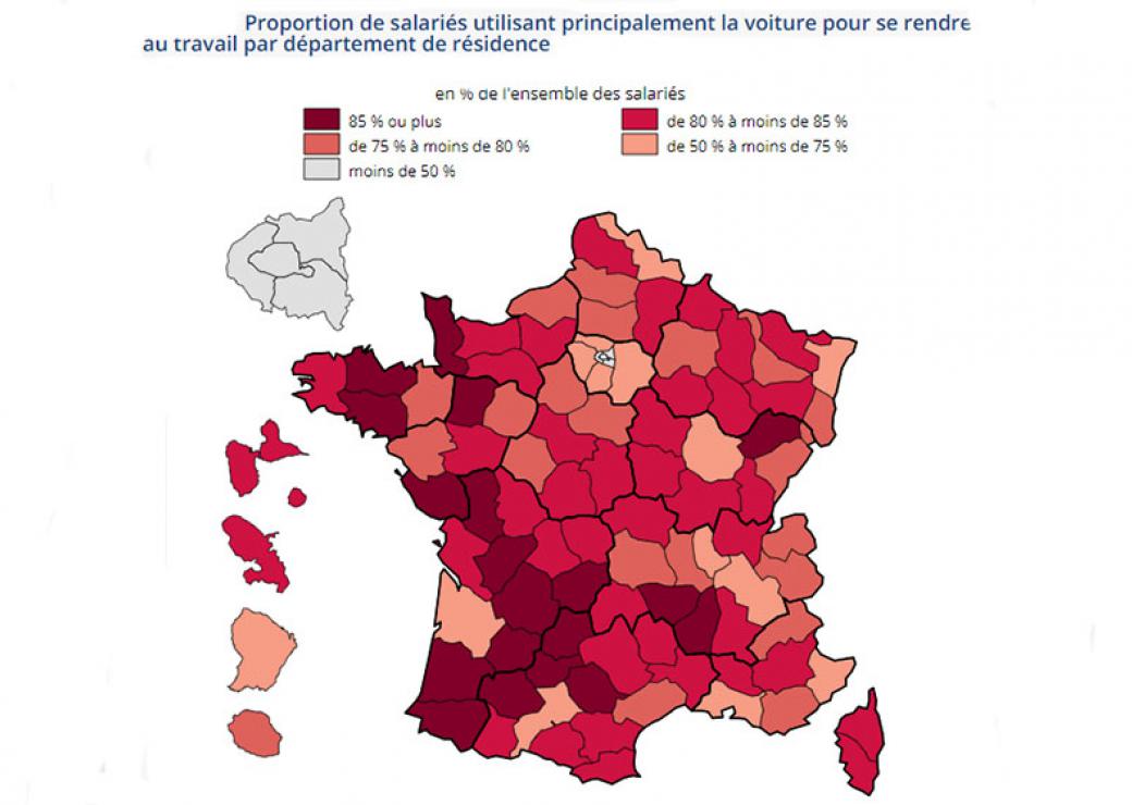  Proportion de salariés utilisant principalement la voiture pour se rendre au travail par département de résidence