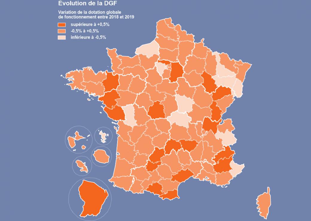 Carte de la variation de la dotation globale de fonctionnement (DGF) entre 2018 et 2019