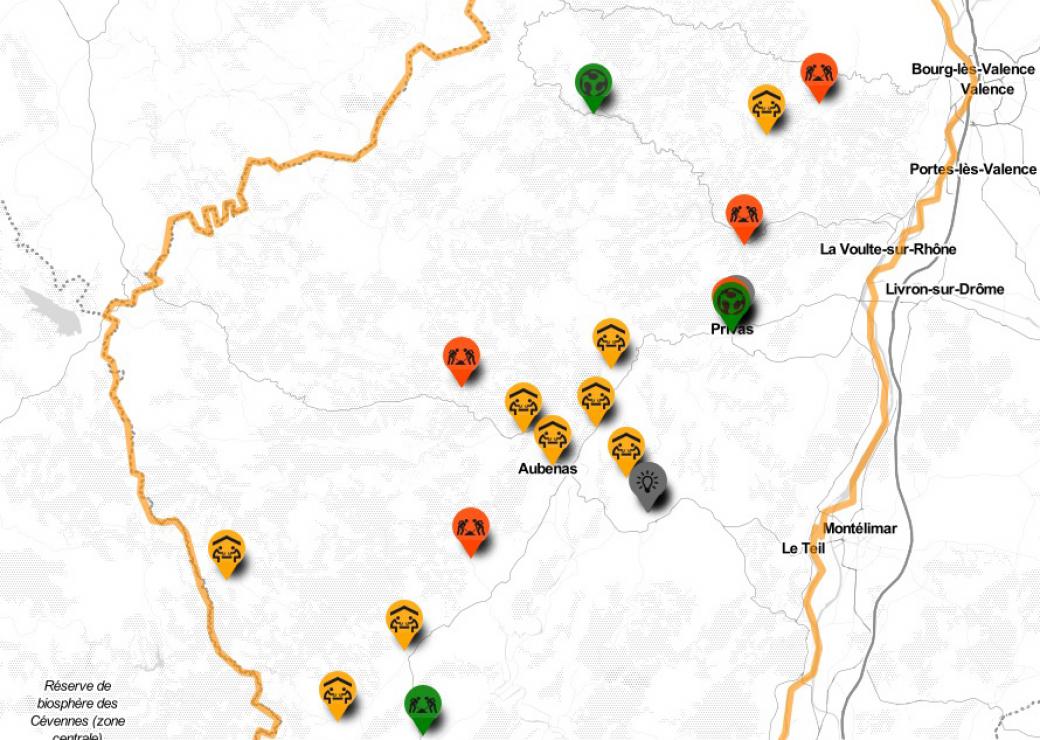 Carte des tiers-lieux du réseau Trame 07