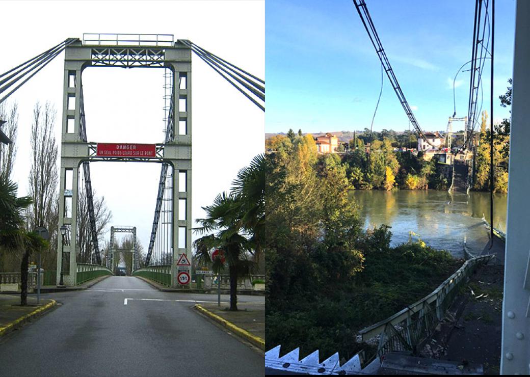 A gauche, le pont de Mirepoix en 2013. A droite après l'effondrement du 18 novembre 2019