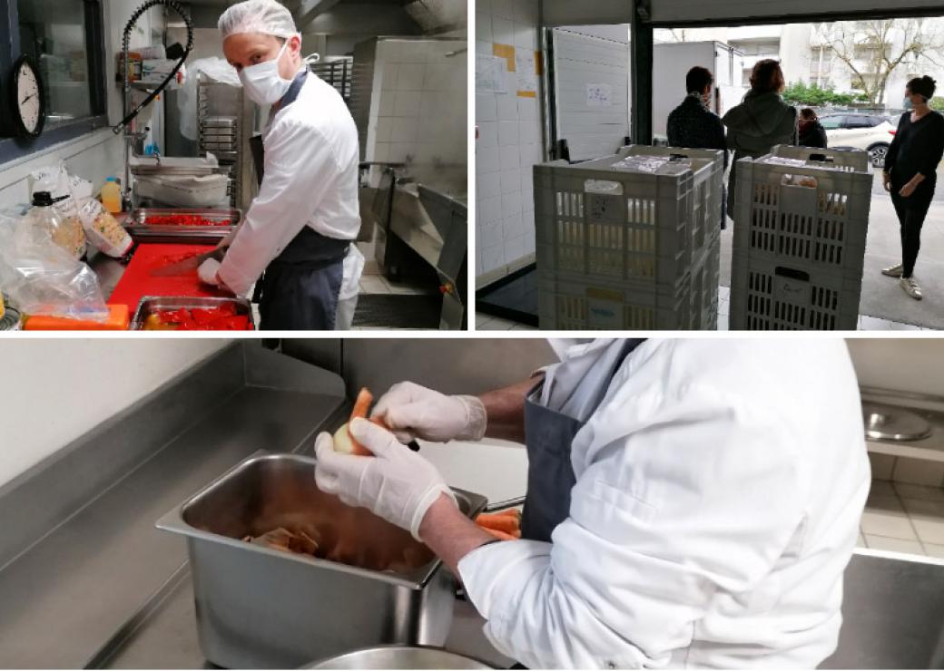 L'équipe de la cuisine centrale du collège Édouard Vaillant, à Bordeaux, prépare 300 repas qui seront distribués chaque soir aux personnes sans domicile.