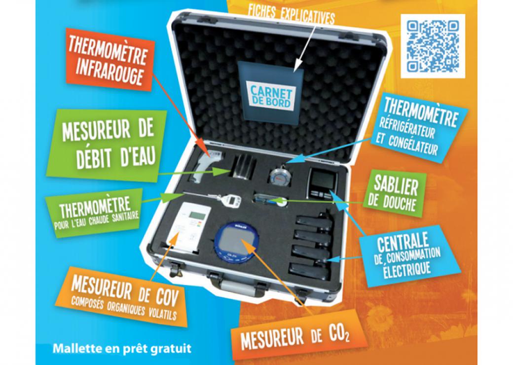 Photo d'un prospectus de démonstration de la mallette Eco'nomie, indiquant toutes ses fonctionnalités.