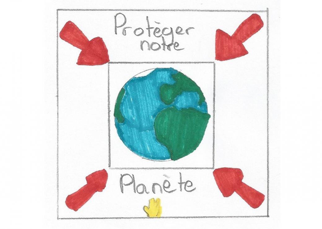 Dessin d'enfant sur lequel on peut lire "protéger notre planète"