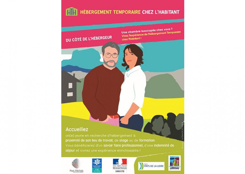 Affiche illustrée par un couple homme femme. Le gros titre indique "hébergement temporaire chez l'habitant"