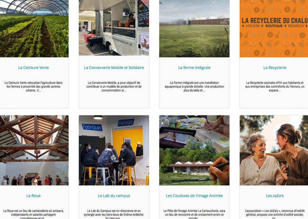 Capture d'écran constituée de 8 photos sous lesquelles on peut lire des noms de projet: la ceinture verte, la ferme intégrale...