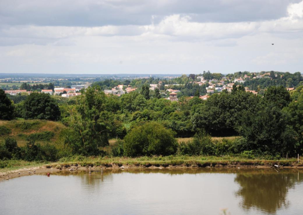 Paysage plan large avec ligne d'horizon au milieu de l'image, au premier plan, une étendue d'eau