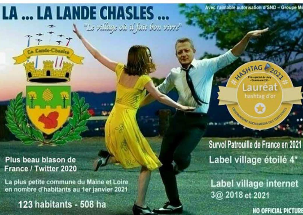 Photomontage où l'on voit deux personnes danser, comme dans le film Lalaland. On peut lire, entre autres, "La...La Lande Chasles, le village où il fait bon vivre"