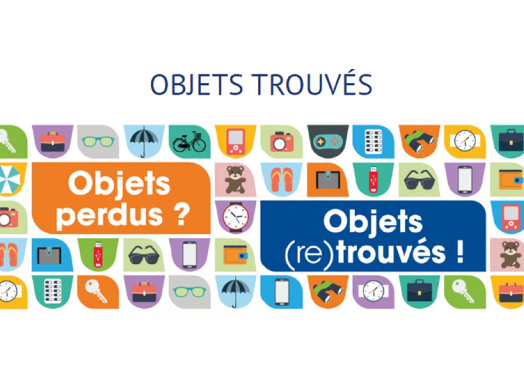 Affiche où l'on peut lire objets trouvés, objets perdus, objets (re)trouvés, avec en fond des icones représentants des lunettes, des clefs, des ours en peluche, des téléphones