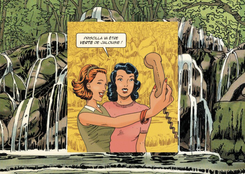 Dans un dessin qui reprend les codes graphiques des comics des années 50, une femme fait le geste d'un selfie avec un combiné de téléphone filaire. La bulle de dialogue dit "Priscilla va être verte de jalousie"