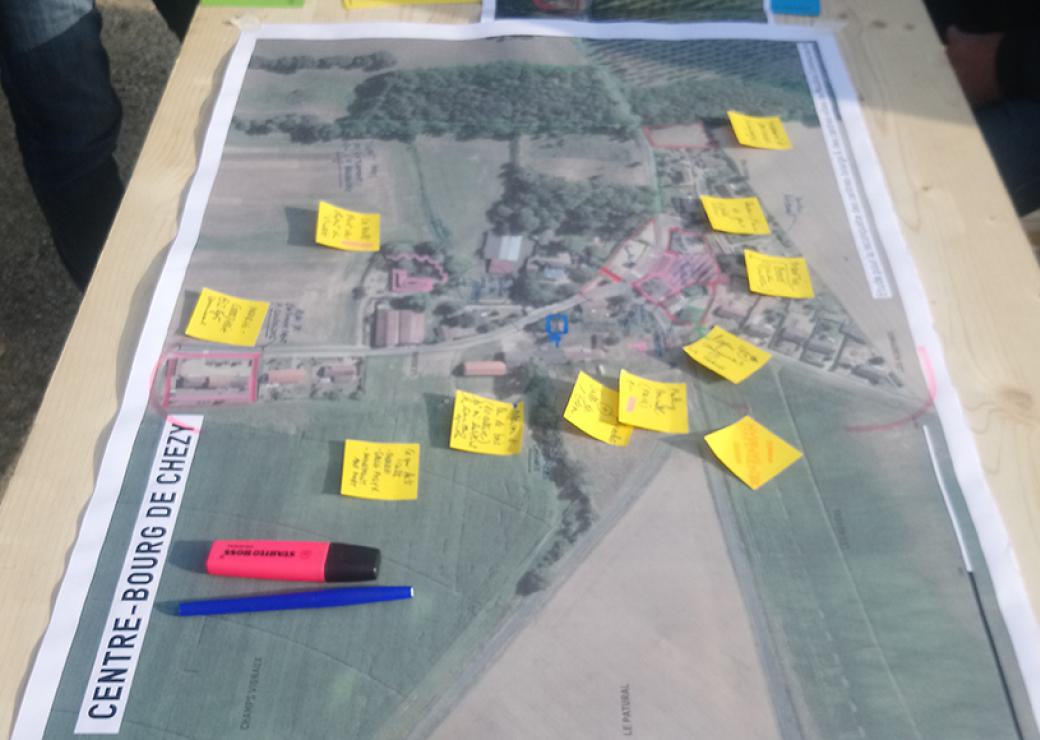 Photo d'une carte posée sur une table. La carte est agrémentée de post-it jaunes