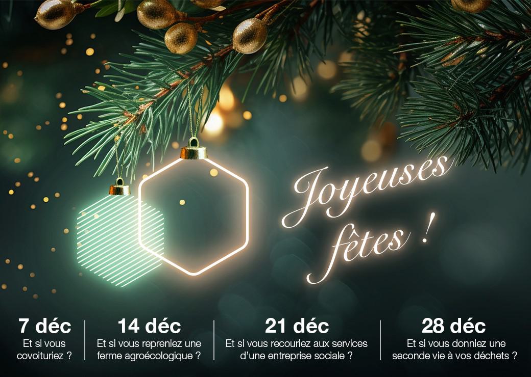 image festive d'une branche de sapin avec des boules de Noël en forme d'hexagones