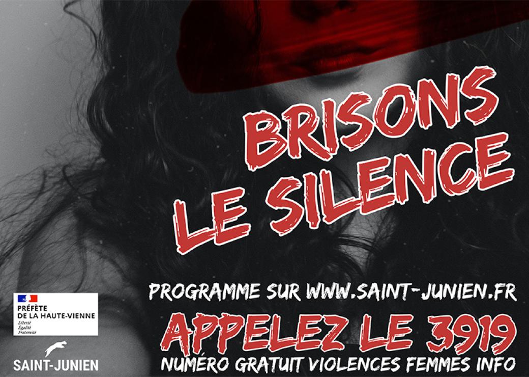 Affiche en noir et blanc sur laquelle on peut lire "brisons le silence, appelez le 3919"