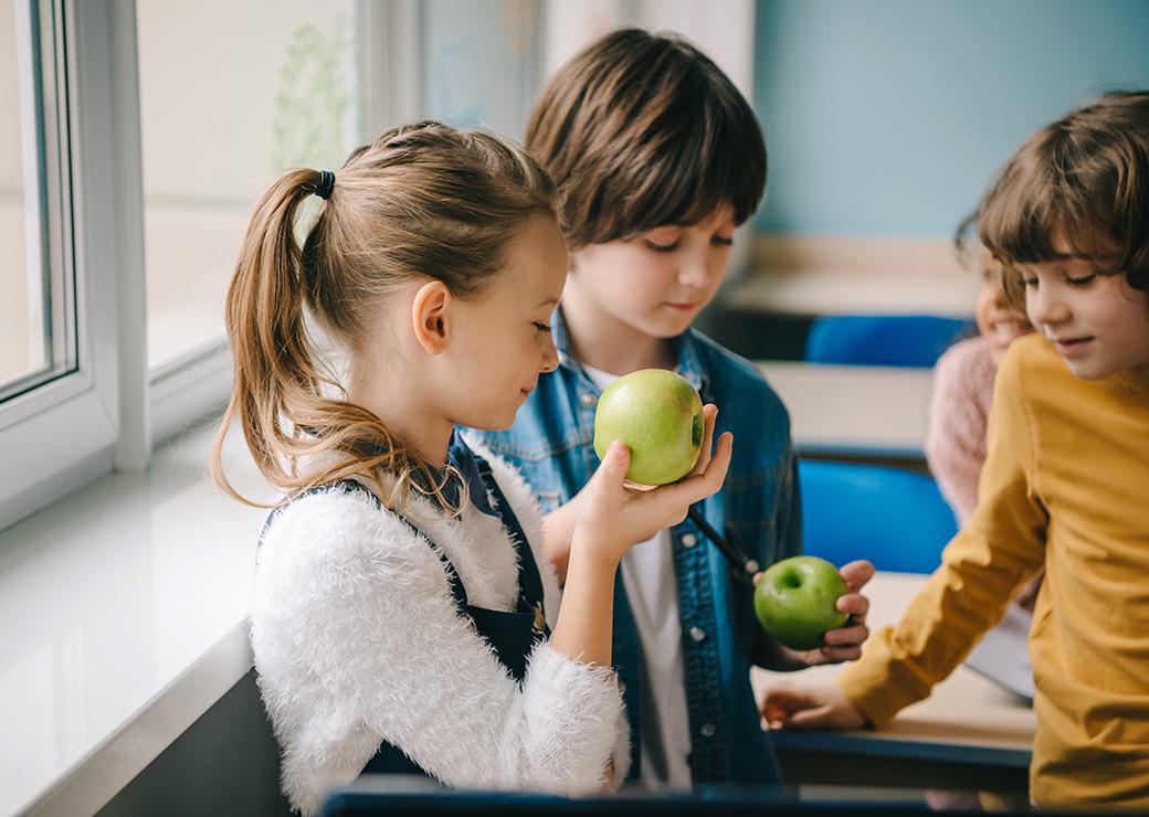des enfants dans une salle de classe avec des pommes