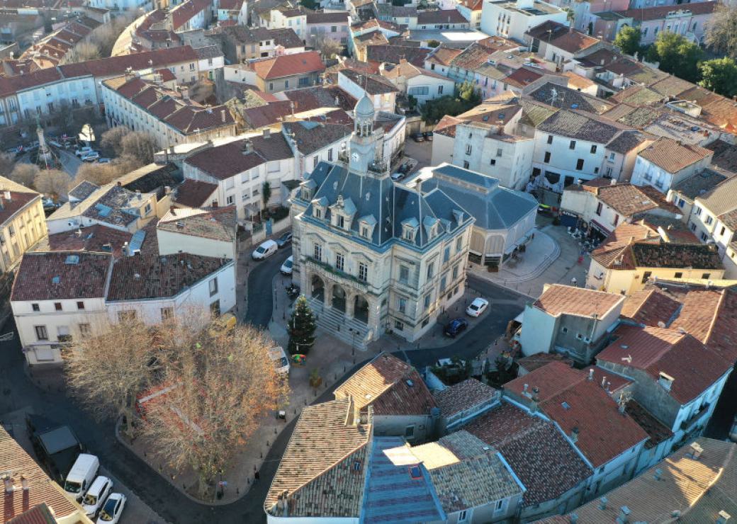 Vue aérienne d'un village organisé en cercle autour d'un bâtiment au toit d'ardoises