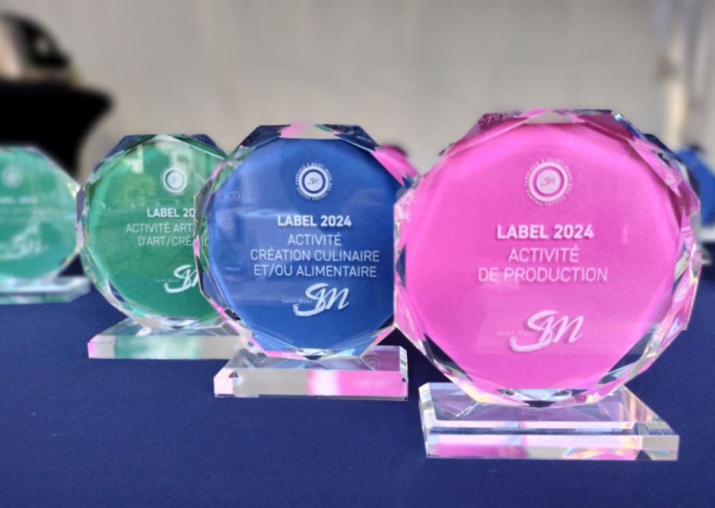 Trophées de verre teinté, rose, bleu, vert