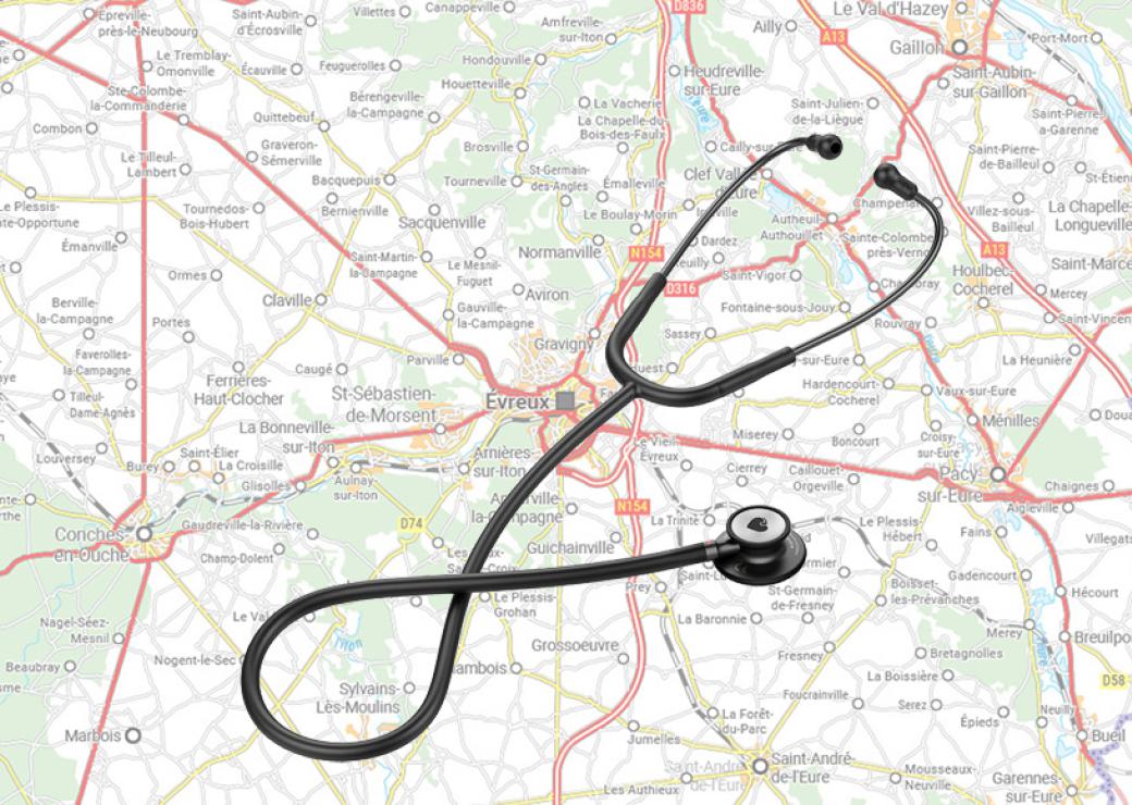 Un stéthoscope posé sur une carte routière