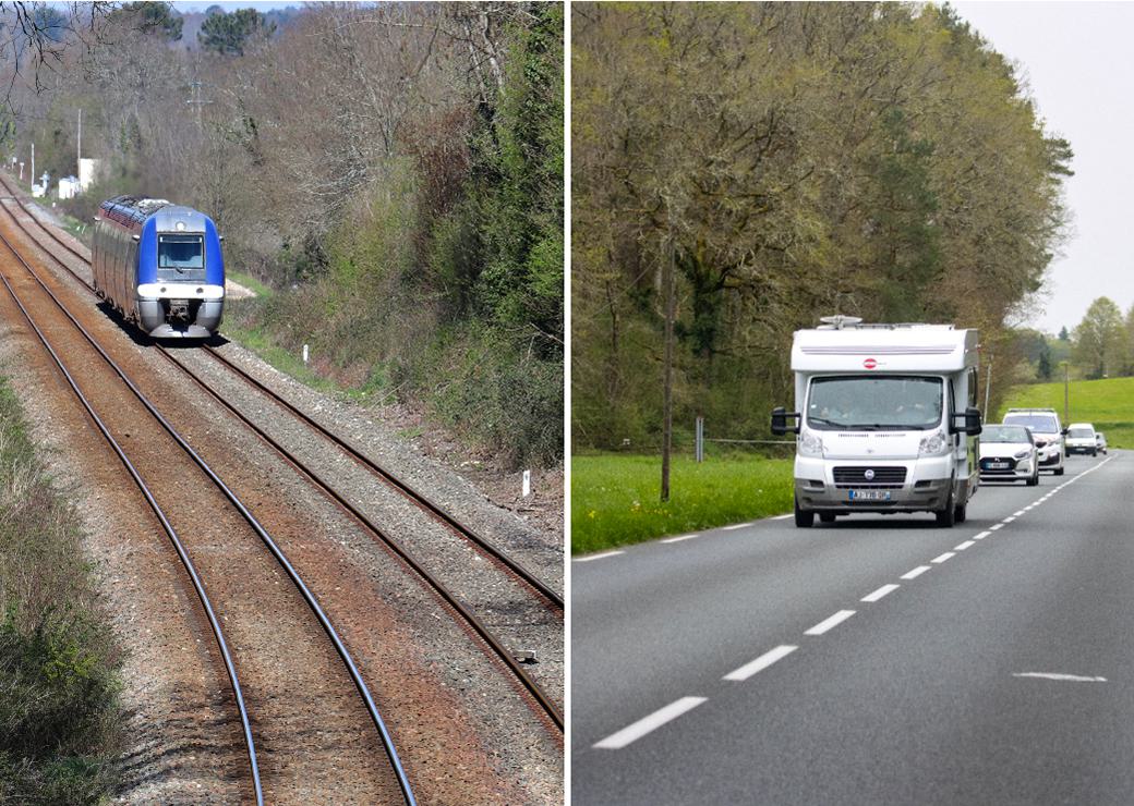 montage de voies ferrées avec un TER et une route départementale