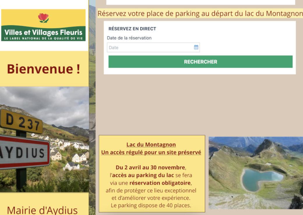 Capture d'écran du site de la commune d'Aydius, avec le module de réservation