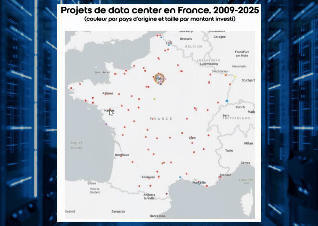 carte des projets de data center en France entre 2009 et 2025