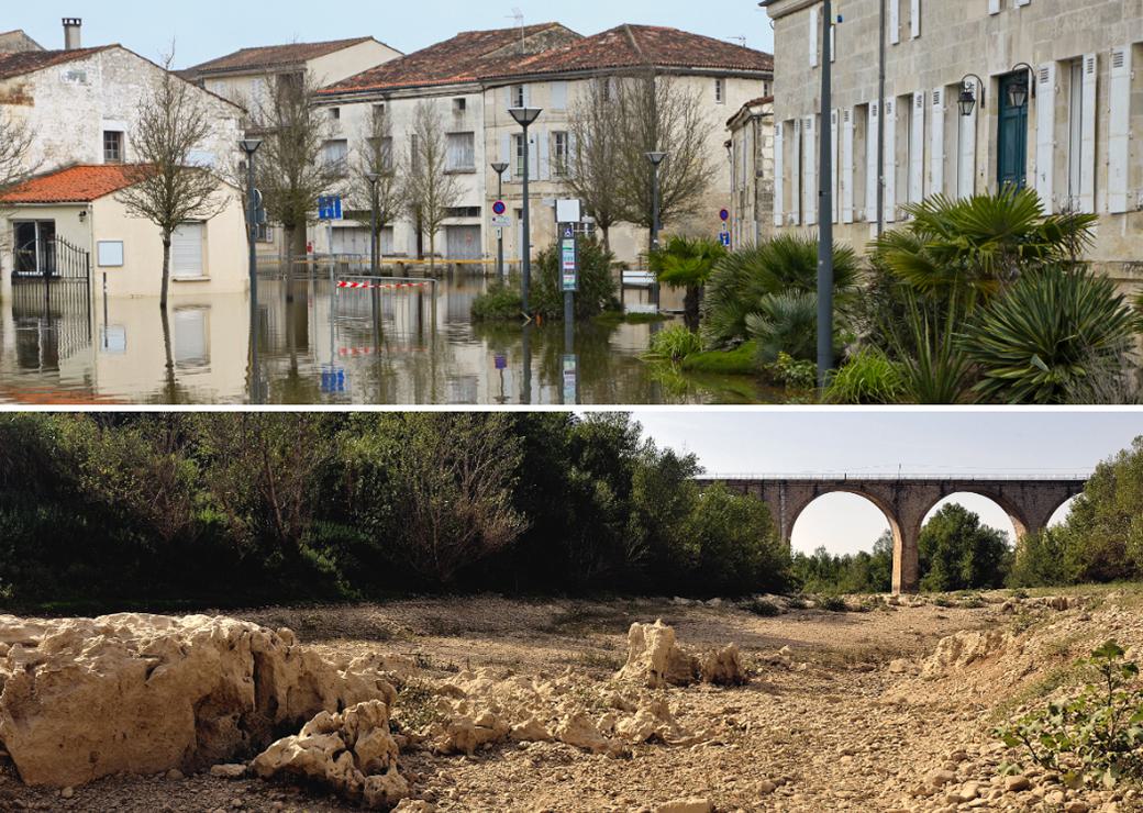 une photo d'un village inondé et une rivière à sec