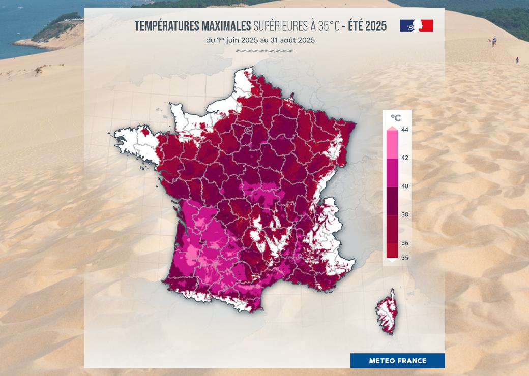 carte des températures supérieures à 35 degrés en été 2025