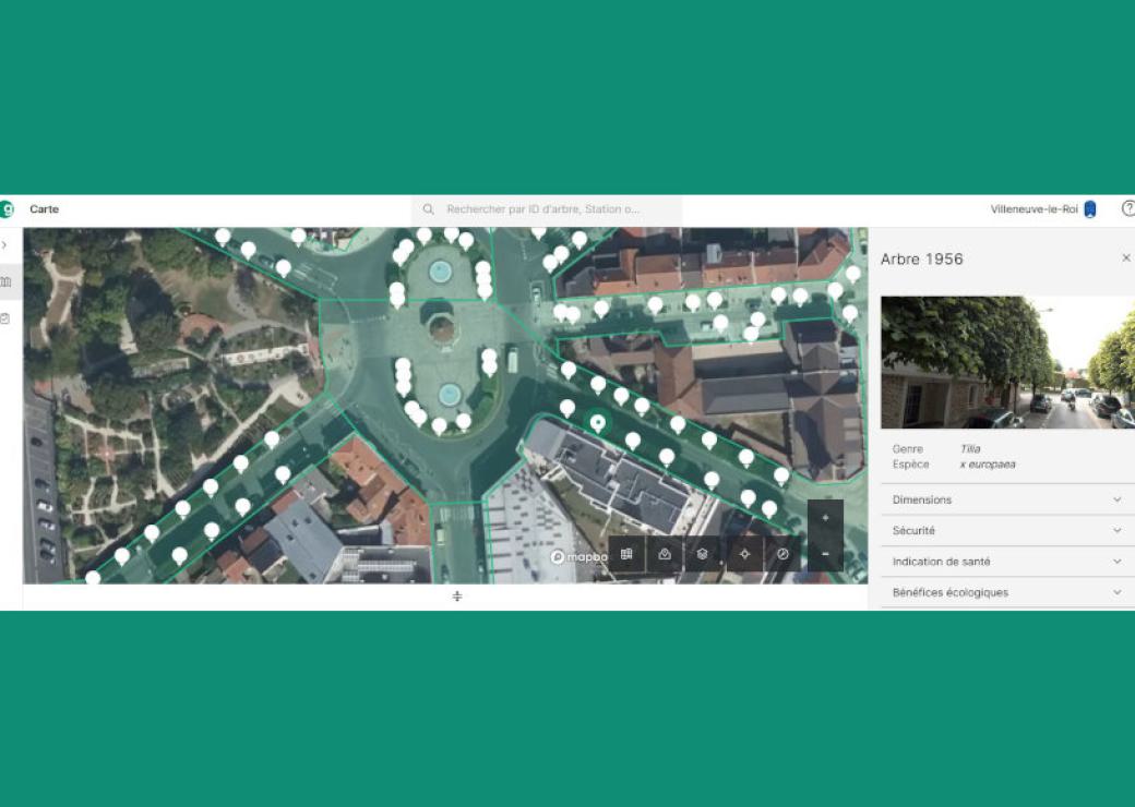 Capture d'écran montrant une vue satellite d'une ville, avec des arbres figurés par des icônes blanches