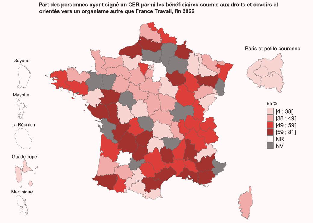 carte: Part des personnes ayant signé un CER parmi les bénéficiaires soumis aux droits et devoirs et orientés vers un organisme autre que France Travail, fin 2022
