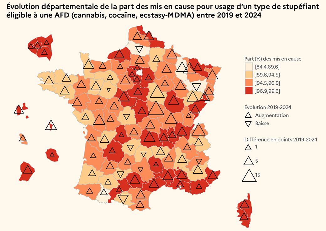 carte:  Évolution départementale de la part des mis en cause pour usage d’un type de stupéfiant éligible à une AFD (cannabis, cocaïne, ecstasy-MDMA) entre 2019 et 2024