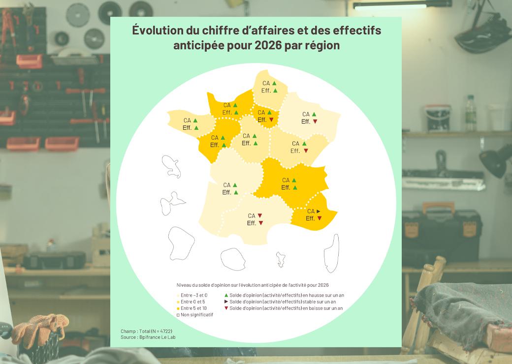 carte: Évolution du chiffre d’affaires et des effectifs anticipée pour 2026 par région