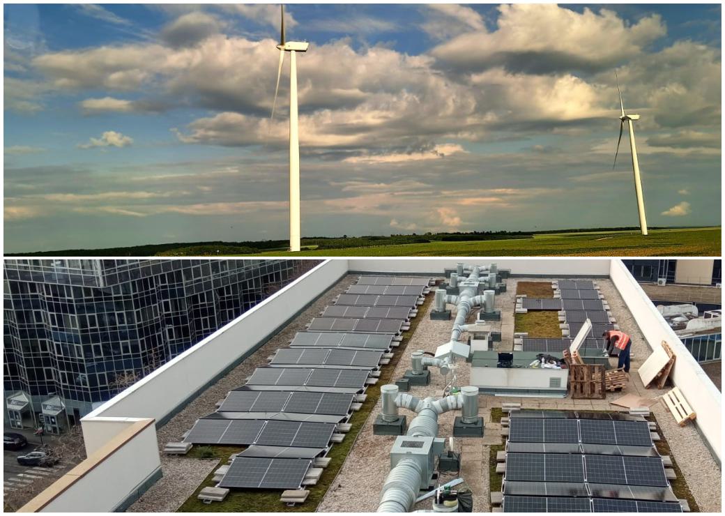 des éoliennes et des panneaux solaires