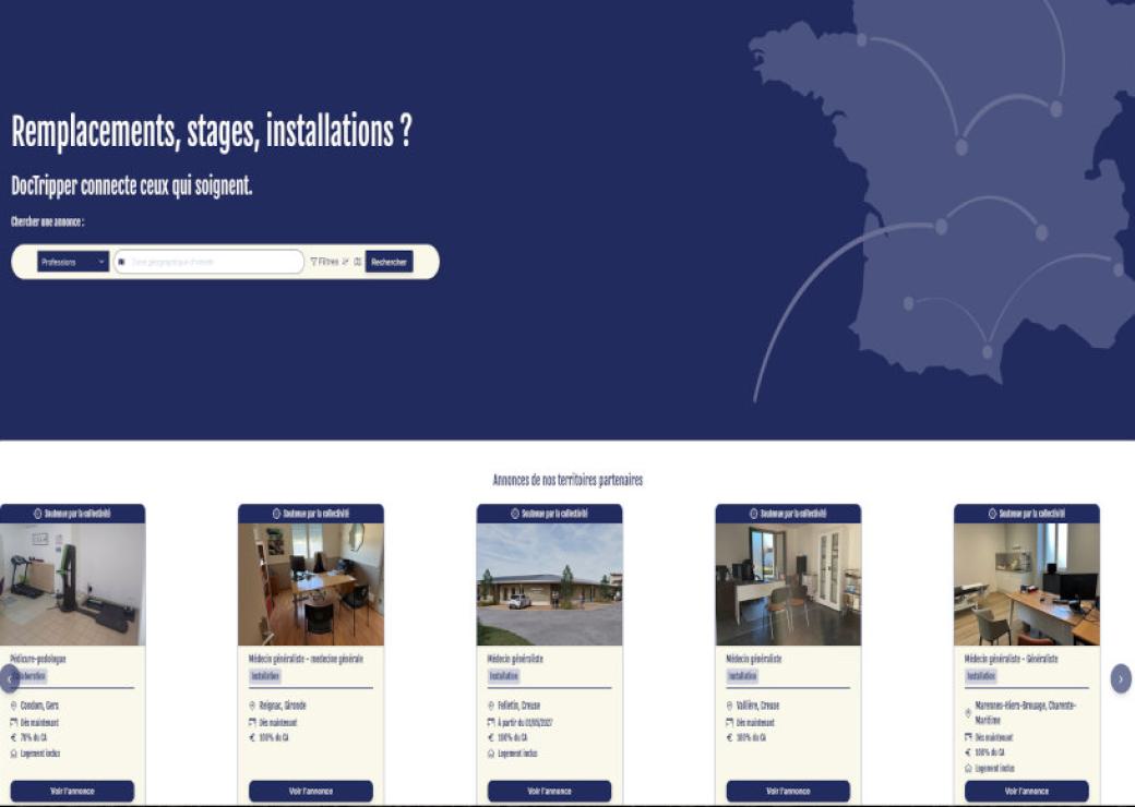 Capture d'écran surlaquelle on peut lire "remplacements, stages, installations?" avec des vignettes type petites annonces