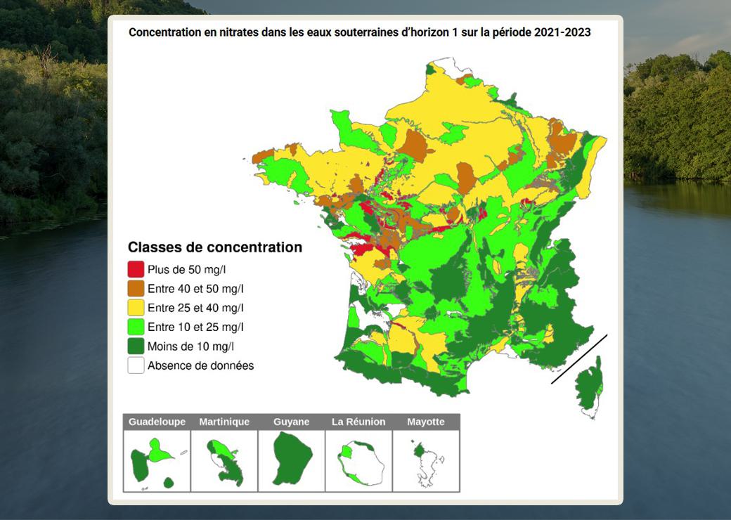 carte : Concentration en nitrates dans les eaux souterraines d’horizon 1 sur la période 2021-2023