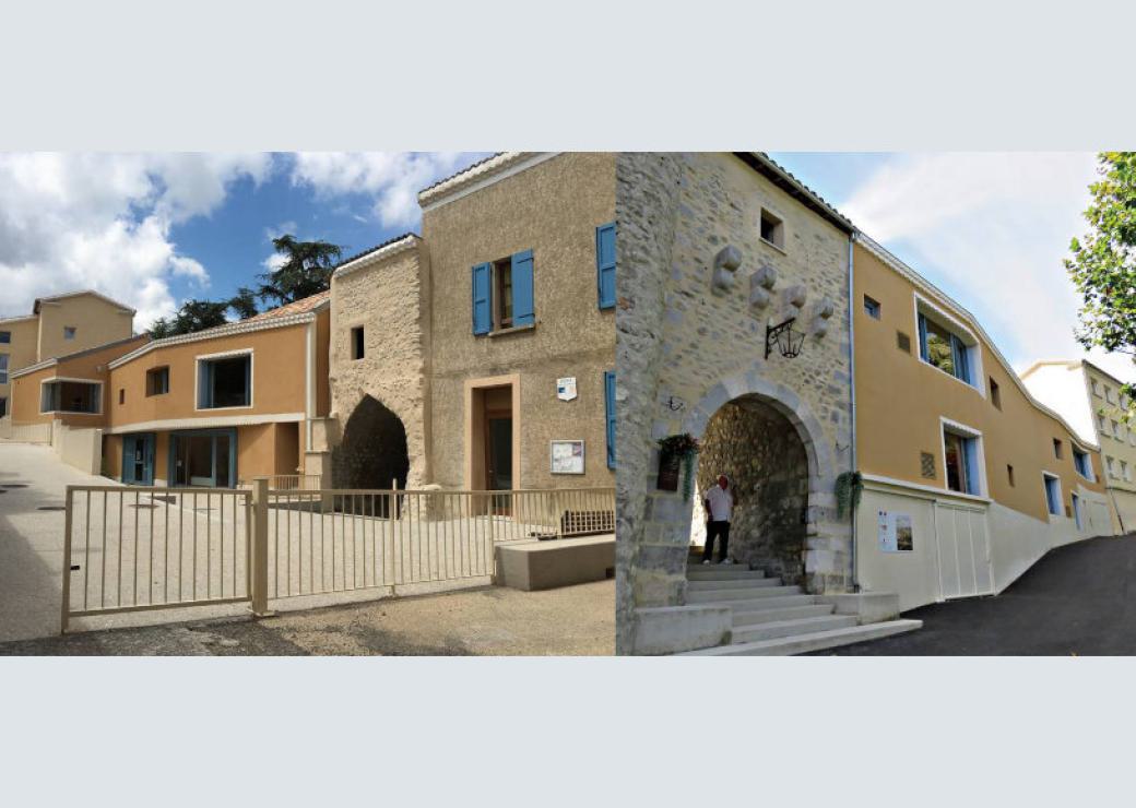 Photomontage présentant deux photos de bâtiments de village tout juste rénovés ou construits