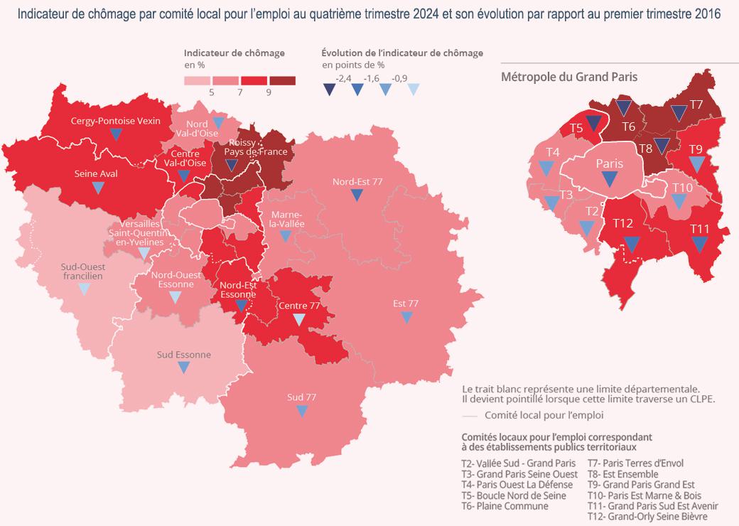 carte :Indicateur de chômage par comité local pour l’emploi au quatrième trimestre 2024 et son évolution par rapport au premier trimestre 2016 