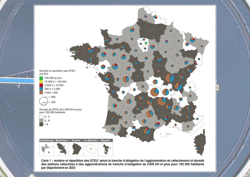 Carte :  nombre et répartition des STEU* selon la tranche d’obligation de l’agglomération de rattachement et densité des stations rattachées à des agglomérations de tranche d’obligation de 2000 EH et plus pour 100 000 habitants par département en 2023